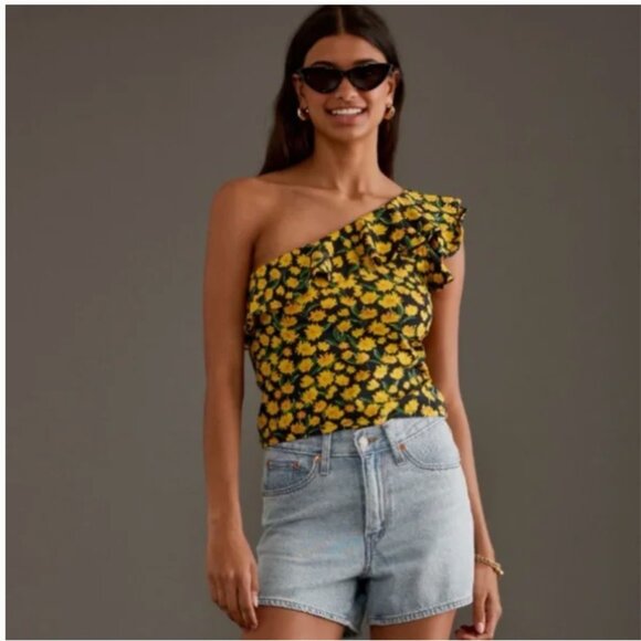 NWT Anthropologie Maeve One-Shoulder Ruffled Floral Top Women's Medium - Picture 1 of 13